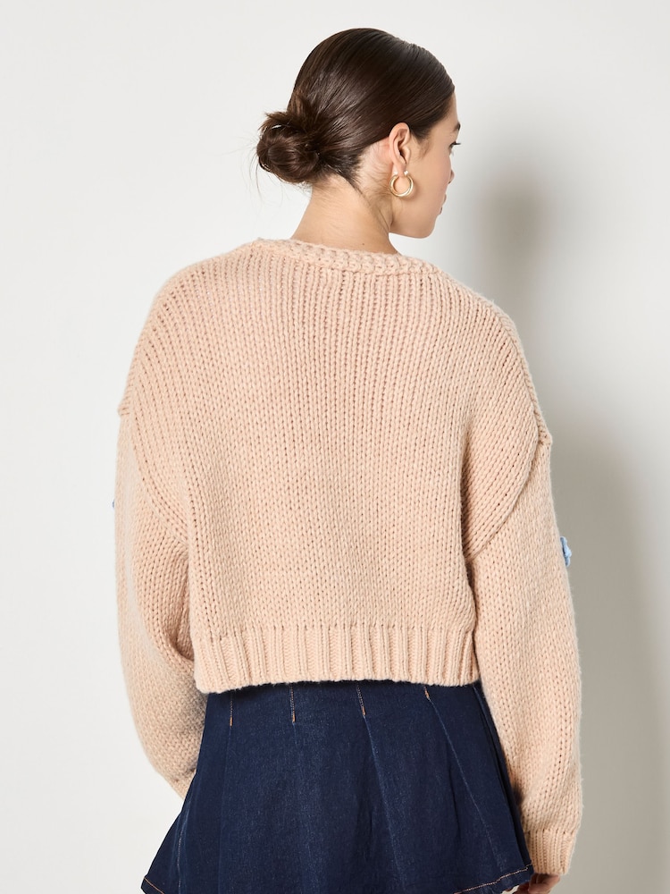 Apricot Natural Applique Daisies Chunky Knit Cardigan - Image 5 of 5