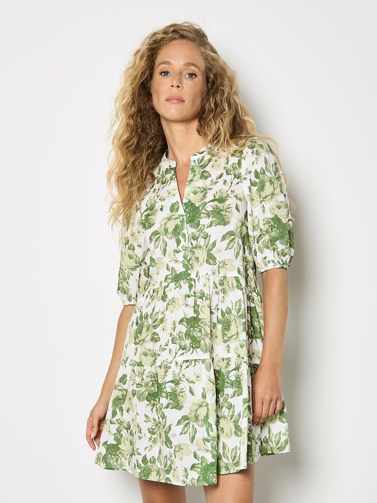 Apricot Green Floral Print Cotton Mini Dress - Image 1 of 4 Apricot Green Floral Print Cotton Mini Dress - Image 1 of 4