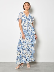 Apricot Watercolour Leaves Chiffon Tiered Maxi Dress - Imaginea 1 din 4