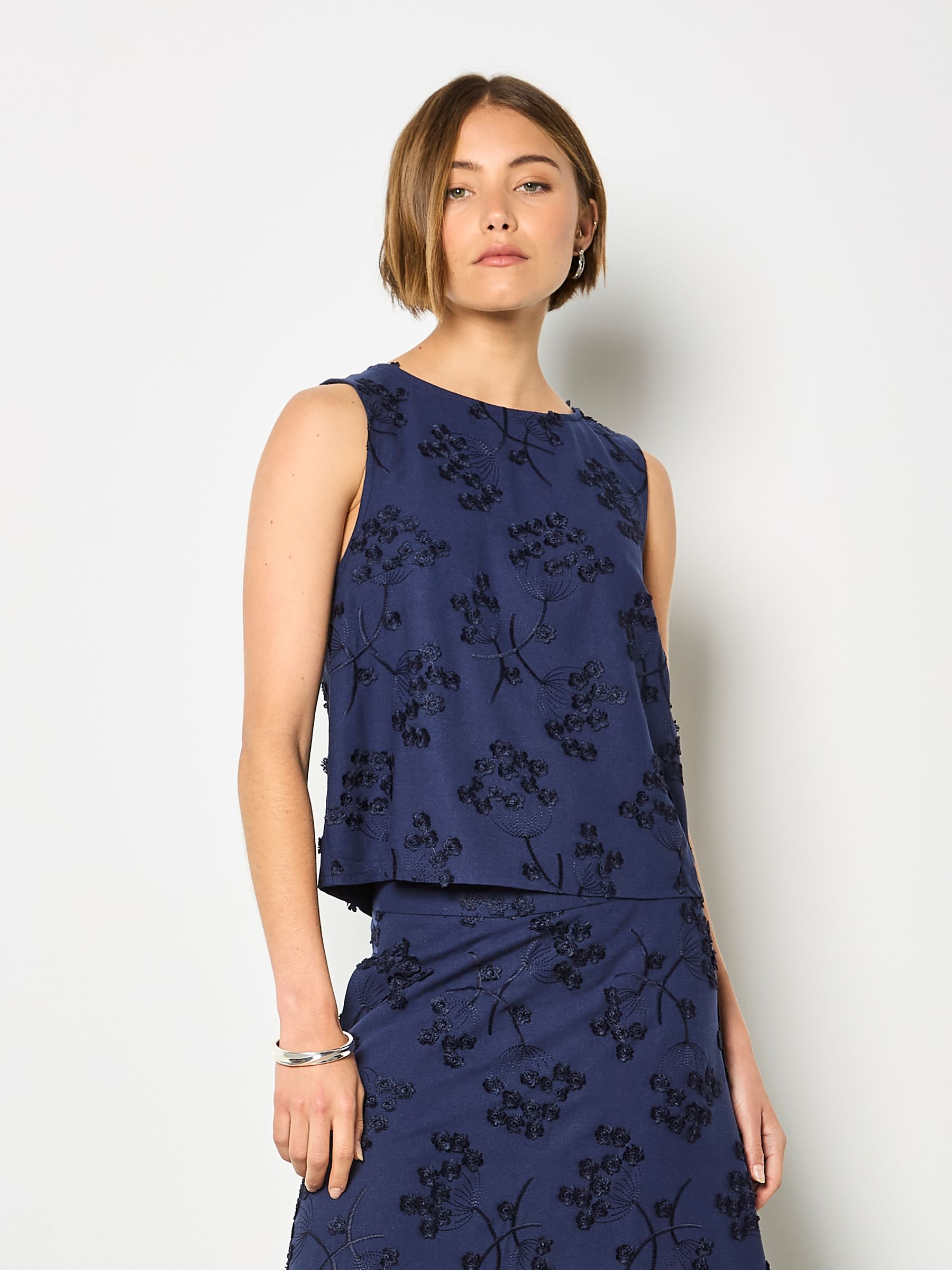 Buy Apricot Blue Embroidered Floral Linen Blend Shell Top from