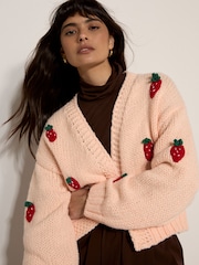Apricot Pink Chunky Knit Strawberry Cardigan - Image 1 of 5