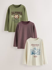Berry/Green/Ecru Graphic Long Sleeve Relaxed Fit T-Shirts 3 Pack (3-16yrs) - Image 1 of 7