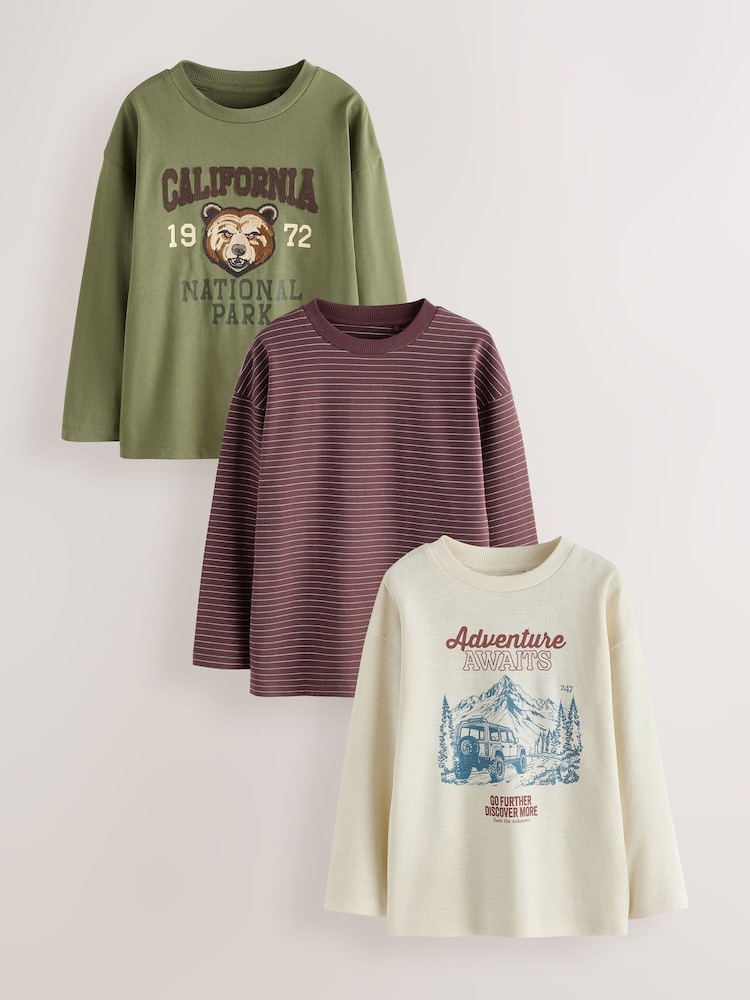 Berry/Green/Ecru Graphic Long Sleeve Relaxed Fit T-Shirts 3 Pack (3-16yrs) - Image 1 of 7 Berry/Green/Ecru Graphic Long Sleeve Relaxed Fit T-Shirts 3 Pack (3-16yrs) - Image 1 of 7