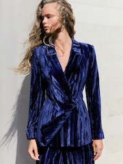 Cobalt Blue N.Premium Crinkle Velvet Belted Blazer - Image 1 of 4