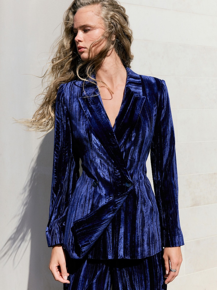 Cobalt Blue N.Premium Crinkle Velvet Belted Blazer - Image 1 of 4 Cobalt Blue N.Premium Crinkle Velvet Belted Blazer - Image 1 of 4