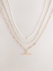 Gold Tone Pearl Effect Sparkle 3 Layer T-Bar Necklace - Image 1 of 3