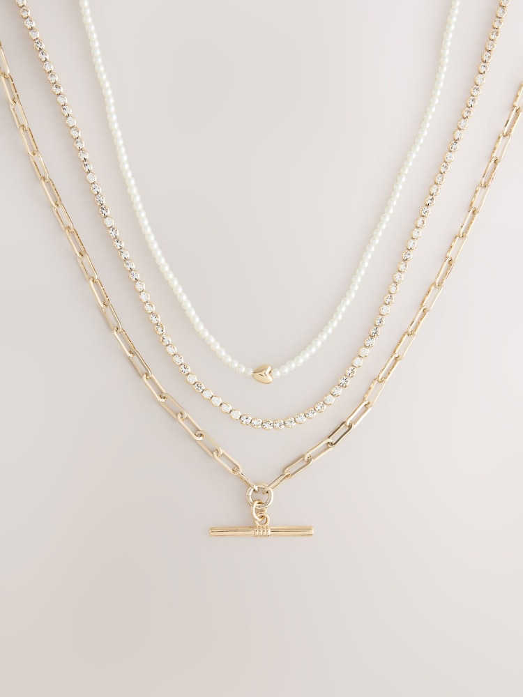 Gold Tone Pearl Effect Sparkle 3 Layer T-Bar Necklace - Image 1 of 3 Gold Tone Pearl Effect Sparkle 3 Layer T-Bar Necklace - Image 1 of 3