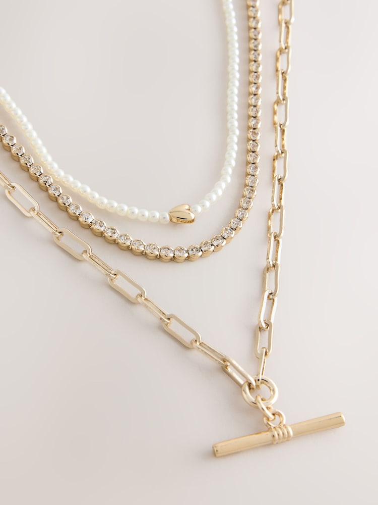 Gold Tone Pearl Effect Sparkle 3 Layer T-Bar Necklace - Image 2 of 3 Gold Tone Pearl Effect Sparkle 3 Layer T-Bar Necklace - Image 2 of 3