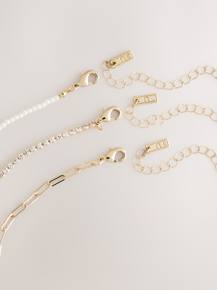 Gold Tone Pearl Effect Sparkle 3 Layer T-Bar Necklace - Image 3 of 3 Gold Tone Pearl Effect Sparkle 3 Layer T-Bar Necklace - Image 3 of 3