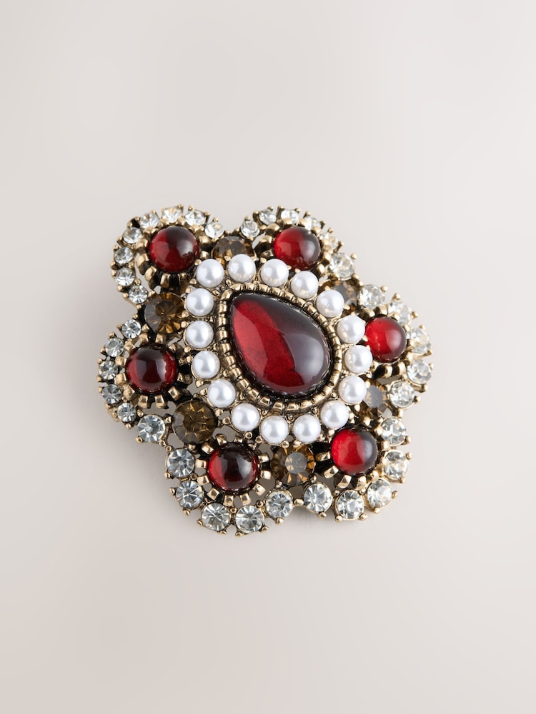 Gold Tone/Burgundy - Encrusted Stone Statement Brooch - Imagen 1 de 3 Gold Tone/Burgundy - Encrusted Stone Statement Brooch - Imagen 1 de 3