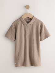 Mink Brown Texture Zip Neck Short Sleeve Polo Shirt (3-16yrs) - Image 1 of 4