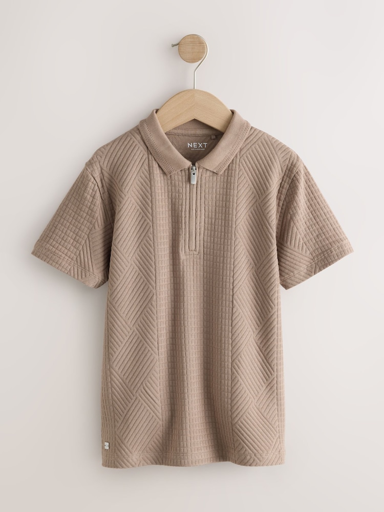Mink Brown Texture Zip Neck Short Sleeve Polo Shirt (3-16yrs) - Image 1 of 4 Mink Brown Texture Zip Neck Short Sleeve Polo Shirt (3-16yrs) - Image 1 of 4