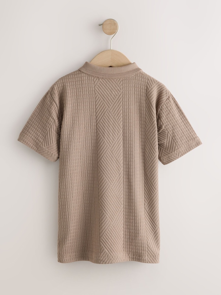 Mink Brown Texture Zip Neck Short Sleeve Polo Shirt (3-16yrs) - Image 2 of 4 Mink Brown Texture Zip Neck Short Sleeve Polo Shirt (3-16yrs) - Image 2 of 4