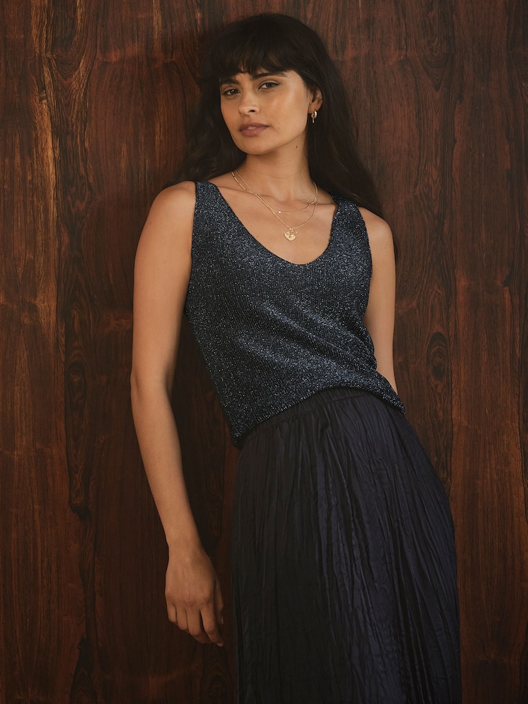 FatFace Evelyn Navy Metallic Knit Vest Top - Image 1 of 8 FatFace Evelyn Navy Metallic Knit Vest Top - Image 1 of 8