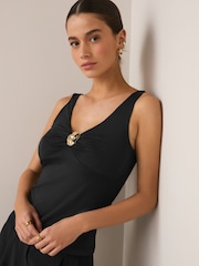 Black Soft Touch Slinky Sleeveless Hardware V-Neck Top - Image 3 of 8