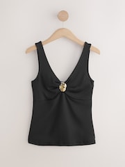 Black Soft Touch Slinky Sleeveless Hardware V-Neck Top - Image 6 of 8