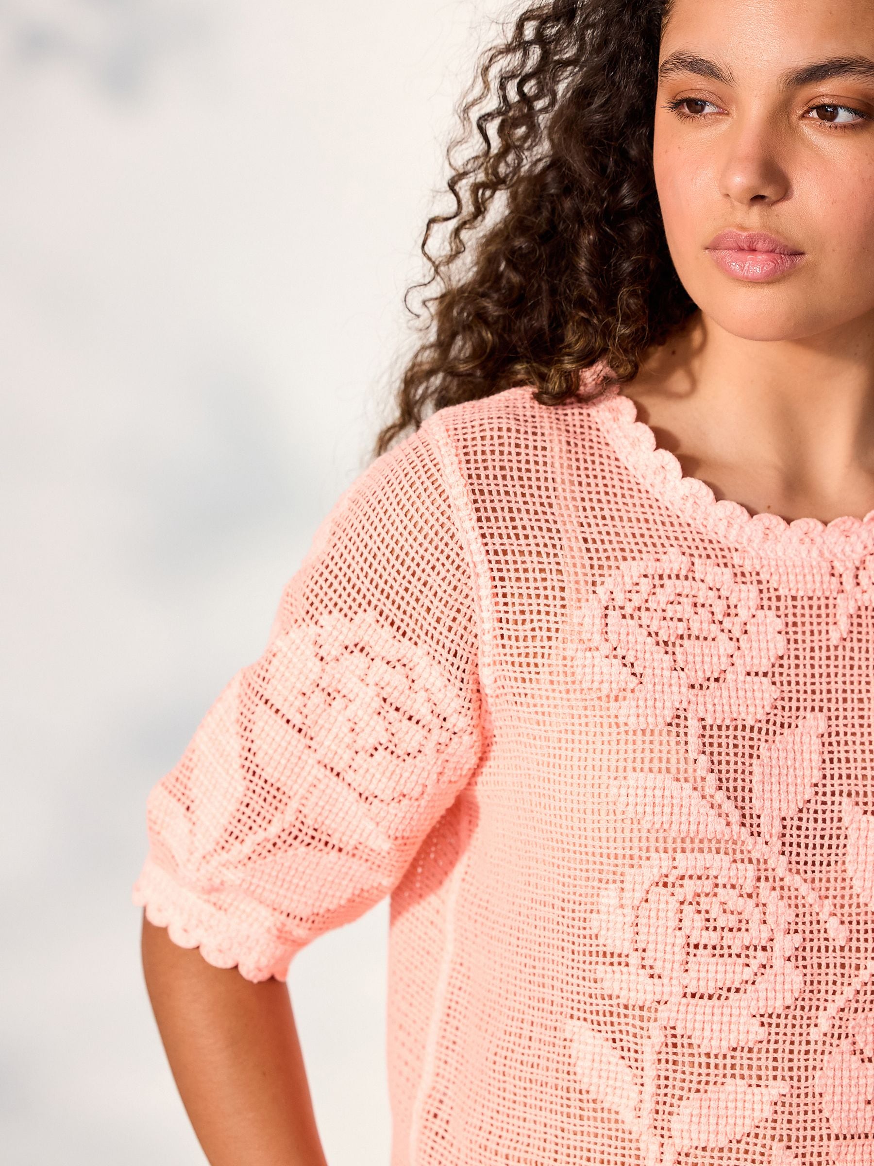 Buy Coral Pink Floral Crochet Short Sleeve Crew Neck T-Shirt from