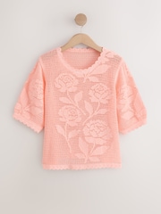 Coral Pink Floral Crochet Short Sleeve Crew Neck T-Shirt - Image 6 of 8