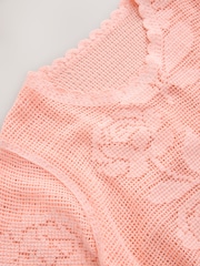 Coral Pink Floral Crochet Short Sleeve Crew Neck T-Shirt - Image 7 of 8