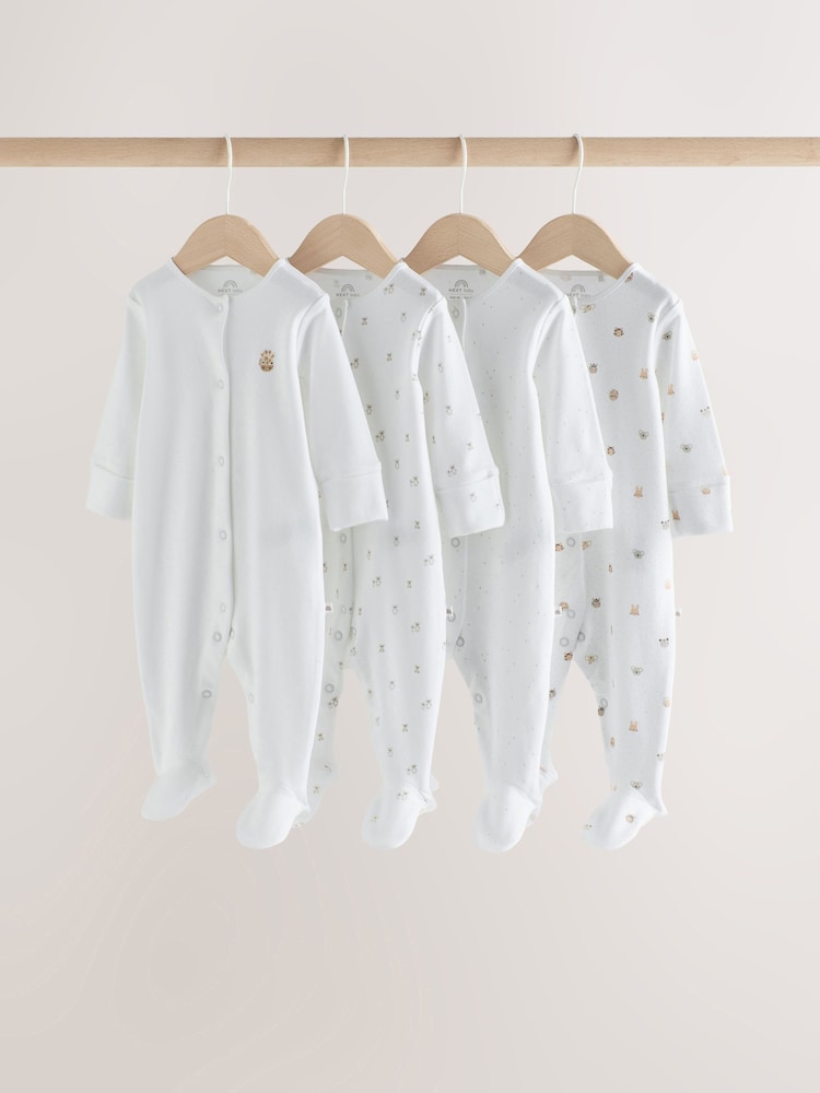 White Mini Safari Animals 4 Pack Baby Sleepsuits (0-2yrs) - Image 1 of 7 White Mini Safari Animals 4 Pack Baby Sleepsuits (0-2yrs) - Image 1 of 7