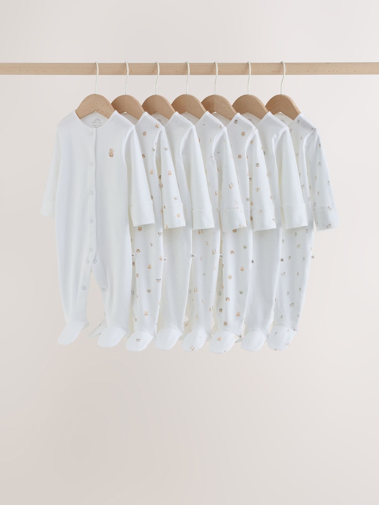 White Mini Safari Animals 7 Pack Baby Sleepsuits (0-2yrs) - Image 1 of 14
