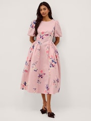 Monsoon Pink Amber Puff Sleeve Floral Midi Dress - Image 1 of 5