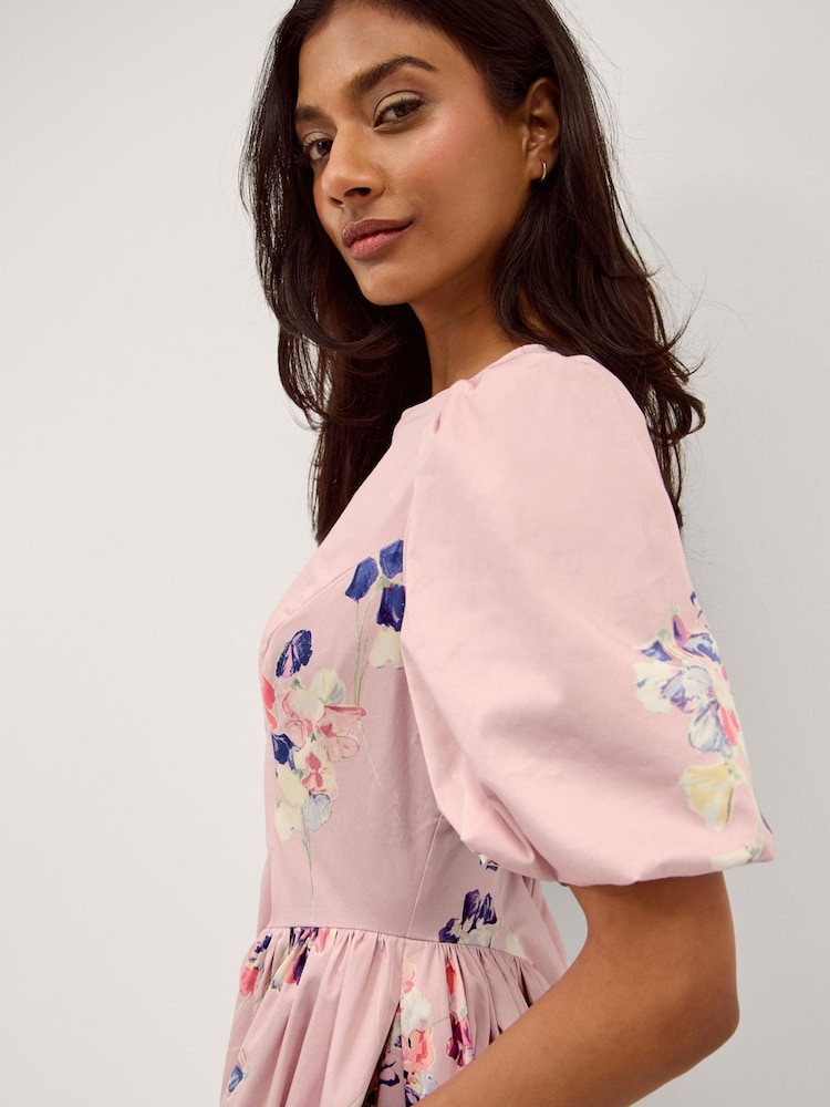 Monsoon Pink Amber Puff Sleeve Floral Midi Dress - Image 2 of 5