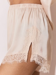 Lipsy Beige Stripe Satin Long Sleeve Collared Short Pyjamas Set - Image 5 of 6