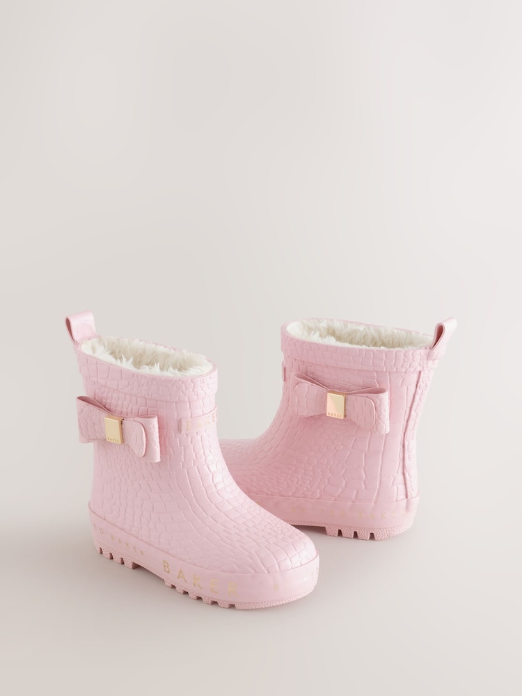 Baker by Ted Baker Pink Croc Effect Baker by Ted Baker Faux Fur Lined Welly Boots with Bow - Image 1 of 5