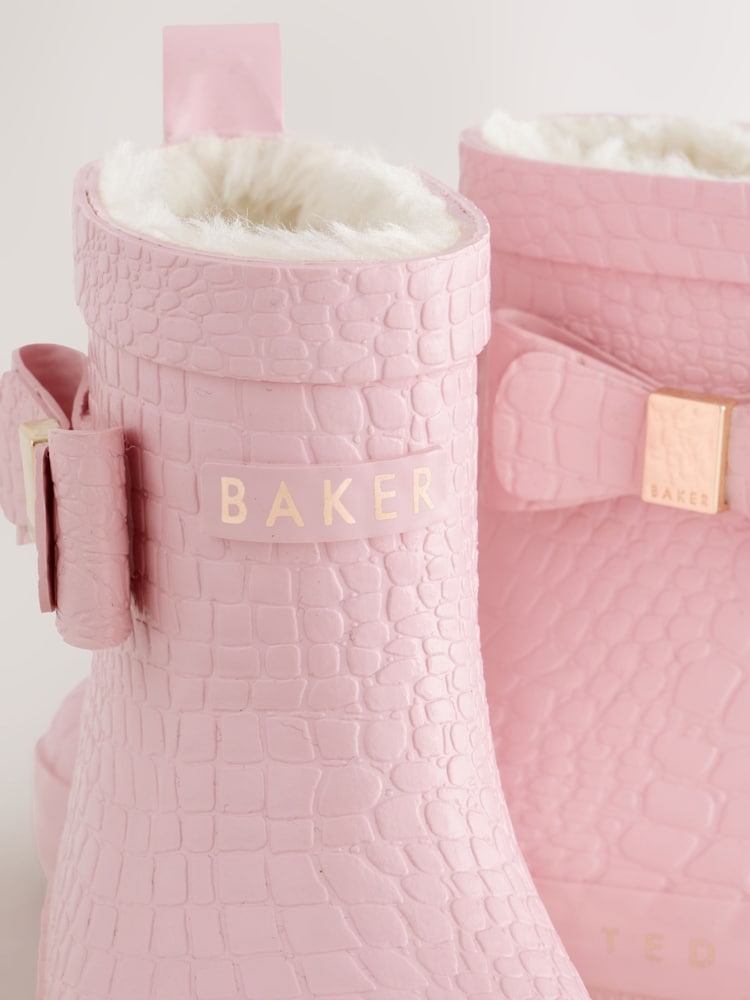 Baker by Ted Baker Pink Croc Effect Baker by Ted Baker Faux Fur Lined Welly Boots with Bow - Image 5 of 5