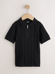 Black Zip Neck Texture Short Sleeve Polo Shirt (3-16yrs) - Image 1 of 4