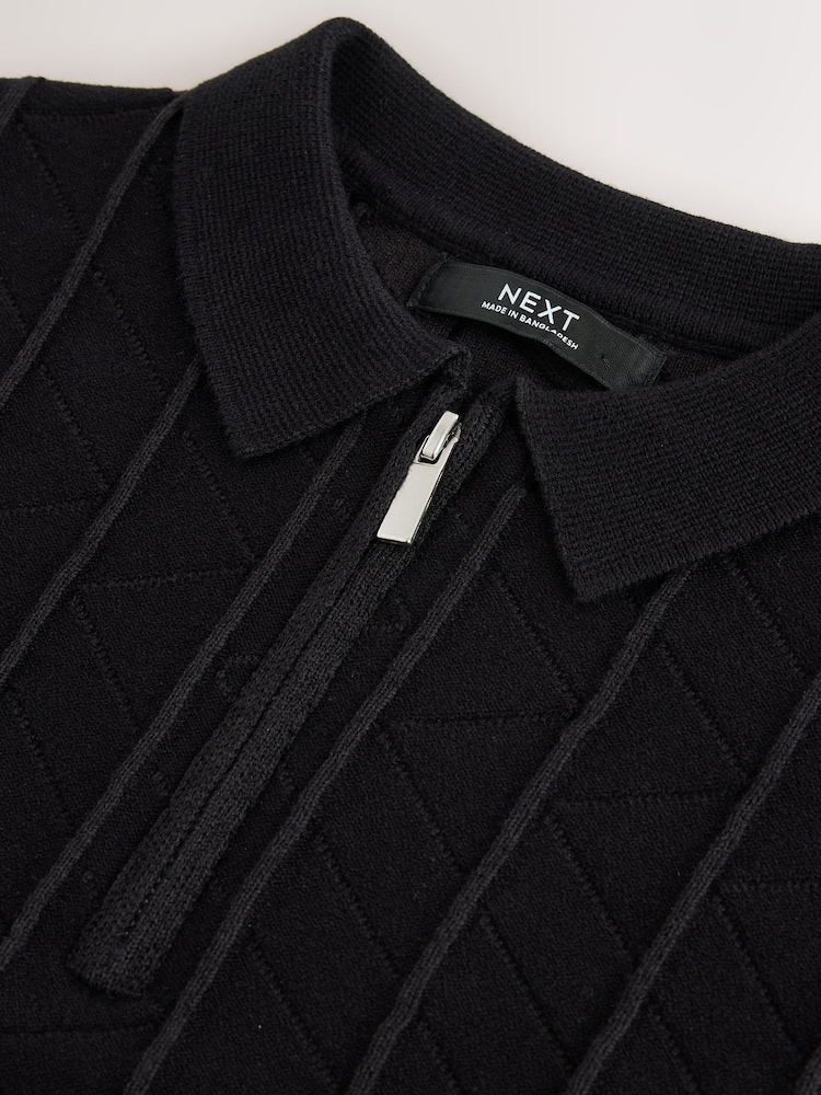 Black Zip Neck Texture Short Sleeve Polo Shirt (3-16yrs) - Image 4 of 4 Black Zip Neck Texture Short Sleeve Polo Shirt (3-16yrs) - Image 4 of 4