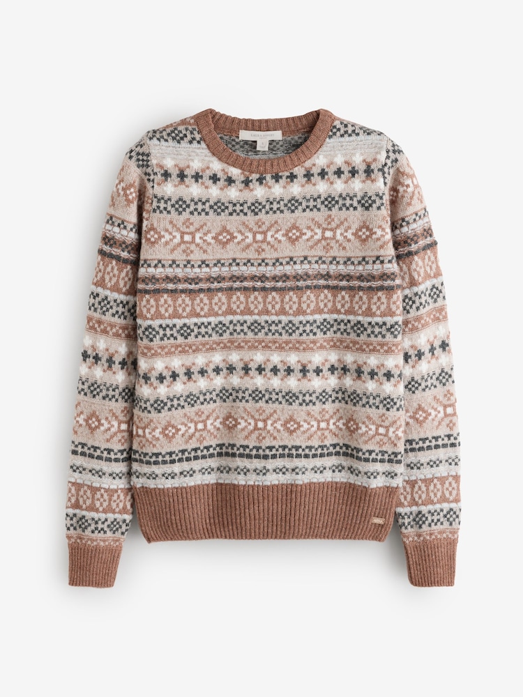 Laura Ashley Brown Fairisle Pattern Crew Neck Jumper - Image 1 of 3