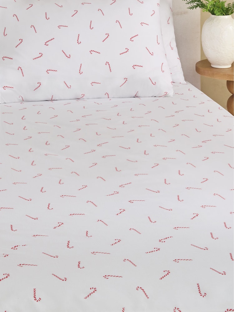 White Candy Cane Christmas Fitted Sheet and Pillowcase Set - Image 1 of 2 White Candy Cane Christmas Fitted Sheet and Pillowcase Set - Image 1 of 2
