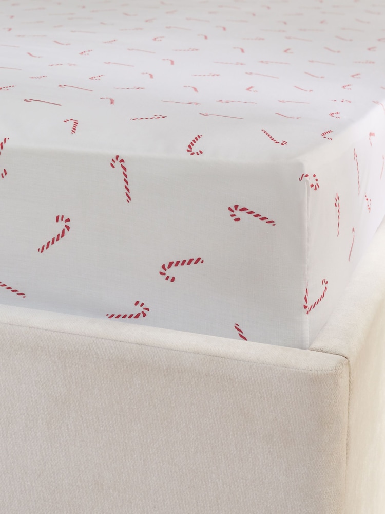 White Candy Cane Christmas Fitted Sheet and Pillowcase Set - Image 2 of 2 White Candy Cane Christmas Fitted Sheet and Pillowcase Set - Image 2 of 2