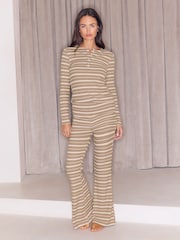 Lipsy Neutral Stripe Cosy Ribbed Henley Top And Trousers Lounge Set - Image 2 of 5