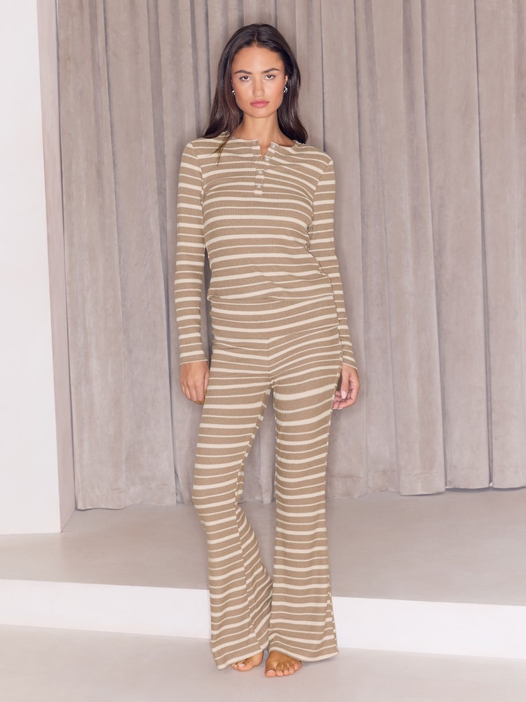 Lipsy Neutral Stripe Cosy Ribbed Henley Top And Trousers Lounge Set - Image 2 of 5 Lipsy Neutral Stripe Cosy Ribbed Henley Top And Trousers Lounge Set - Image 2 of 5