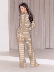 Lipsy Neutral Stripe Cosy Ribbed Henley Top And Trousers Lounge Set - Image 5 of 5