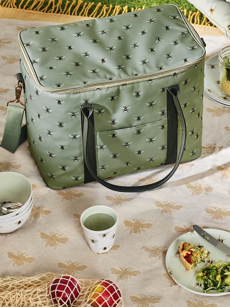 Sophie Allport Pale Green Bees Tall Pocket Picnic Bag - Image 1 of 2