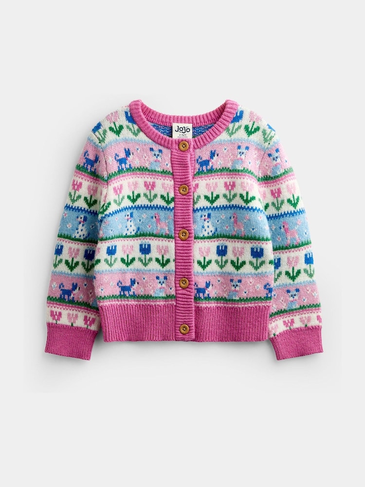 Jojo Maman Bébé Pink Cats & Dogs Fairisle Cardigan - Image 1 of 4 Jojo Maman Bébé Pink Cats & Dogs Fairisle Cardigan - Image 1 of 4