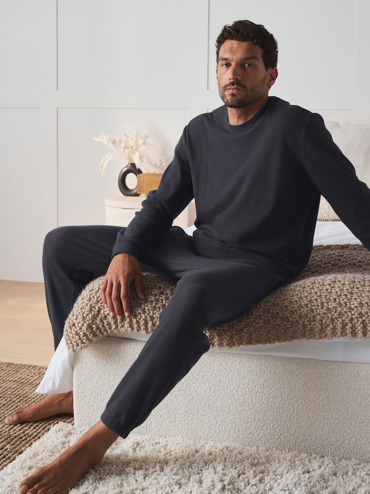 Charcoal Grey Long Sleeve Waffle Pyjamas Set - Image 1 of 8 Charcoal Grey Long Sleeve Waffle Pyjamas Set - Image 1 of 8
