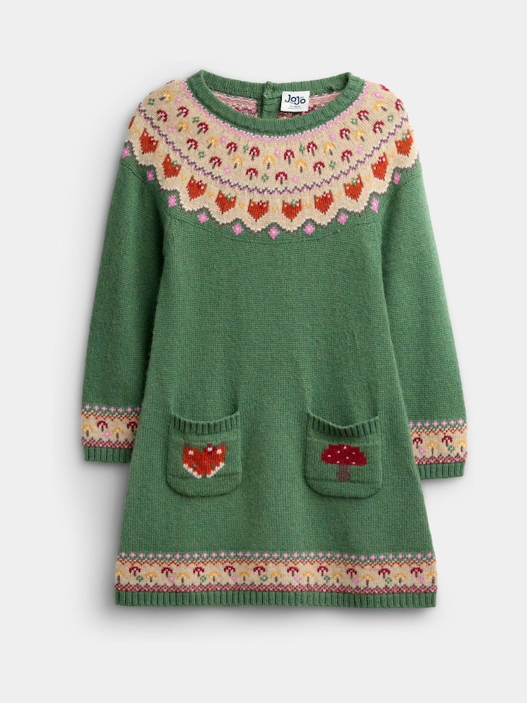 JoJo Maman Bébé Green Fox & Toadstool Fairisle Knitted Dress - Image 1 of 4 JoJo Maman Bébé Green Fox & Toadstool Fairisle Knitted Dress - Image 1 of 4