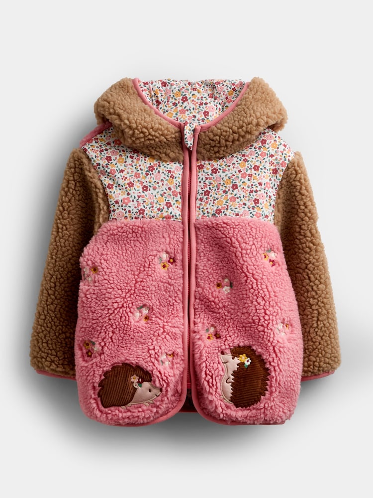 JoJo Maman Bébé Coral Floral Hedgehog Appliqué Borg Fleece Hoodie - Image 1 of 5 JoJo Maman Bébé Coral Floral Hedgehog Appliqué Borg Fleece Hoodie - Image 1 of 5