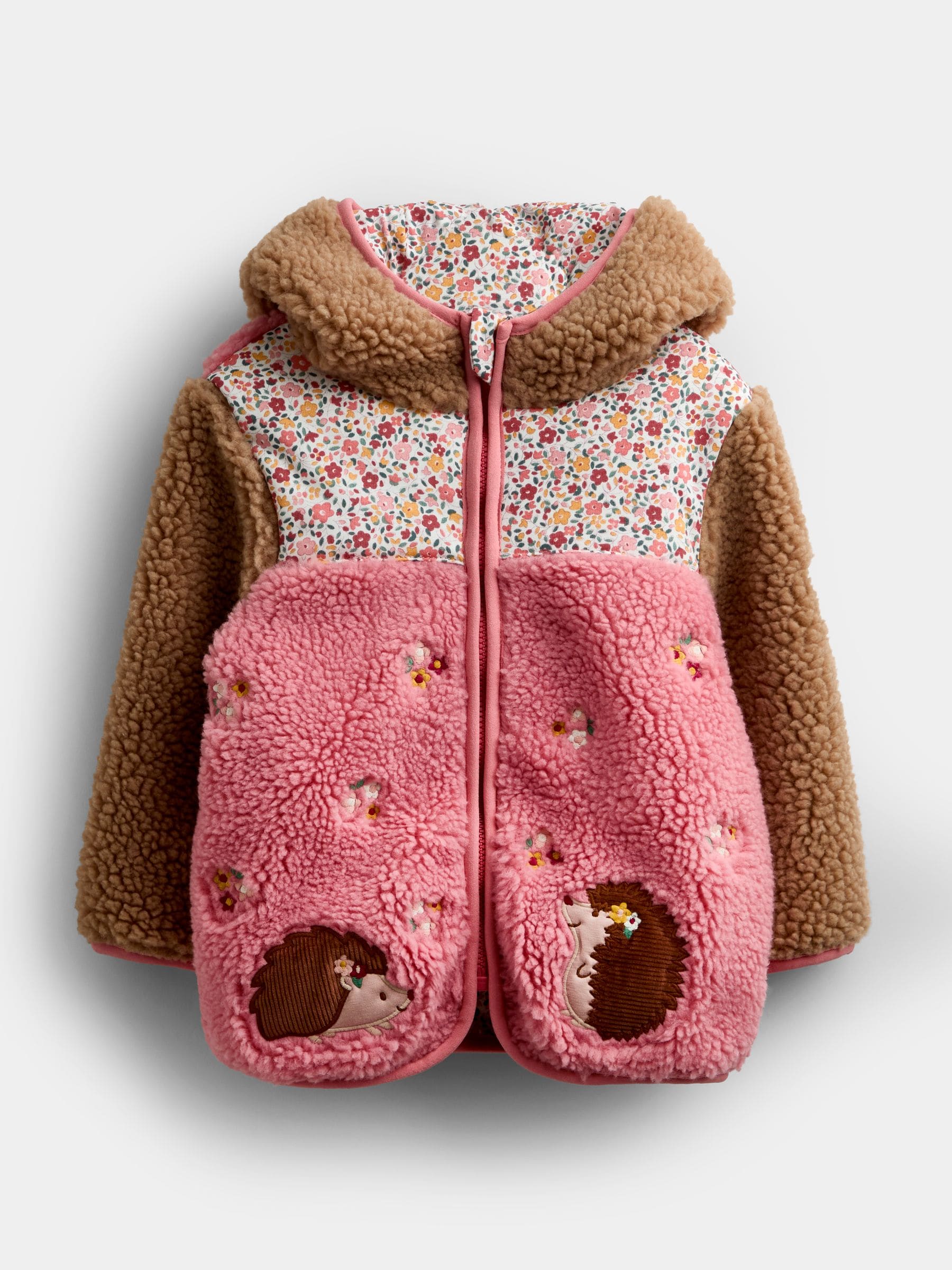 Coral Floral Hedgehog Appliqué Borg Fleece Hoodie