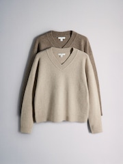 The Set 2 Pack V-Neck Jumpers With Wool Mink Marl/Brown Silver Cloud - Image 2 of 12