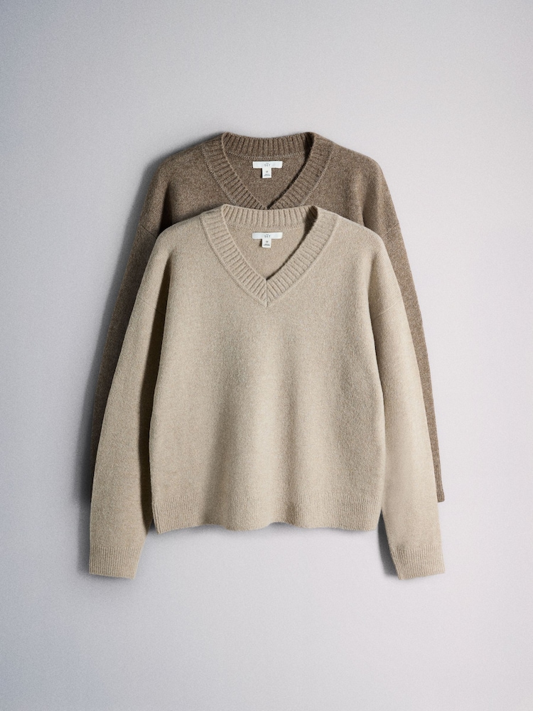 The Set 2 Pack V-Neck Jumpers With Wool Mink Marl/Brown Silver Cloud - Image 2 of 12