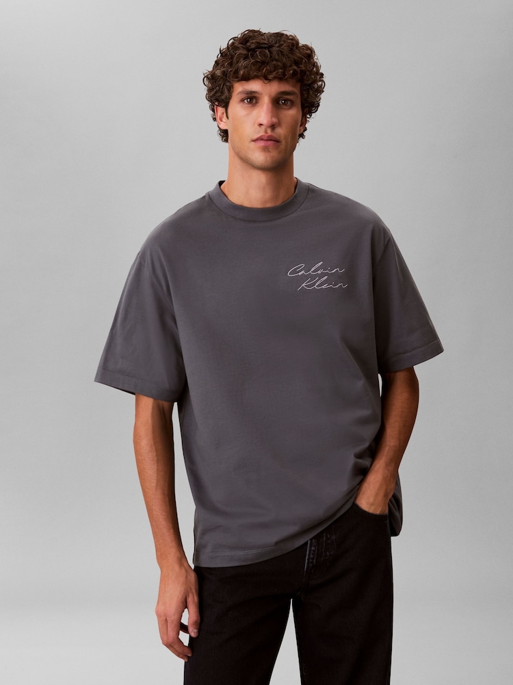 Calvin Klein Grey Relaxed Script Logo T-Shirt - Image 4 of 4 Calvin Klein Grey Relaxed Script Logo T-Shirt - Image 4 of 4