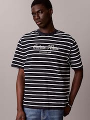 Calvin Klein Blue Relaxed Cotton Piqué Stripe T-Shirt - Image 1 of 1