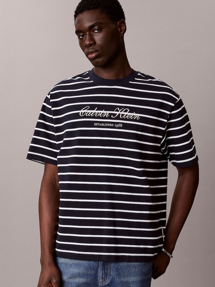 Calvin Klein Blue Relaxed Cotton Piqué Stripe T-Shirt - Image 1 of 1