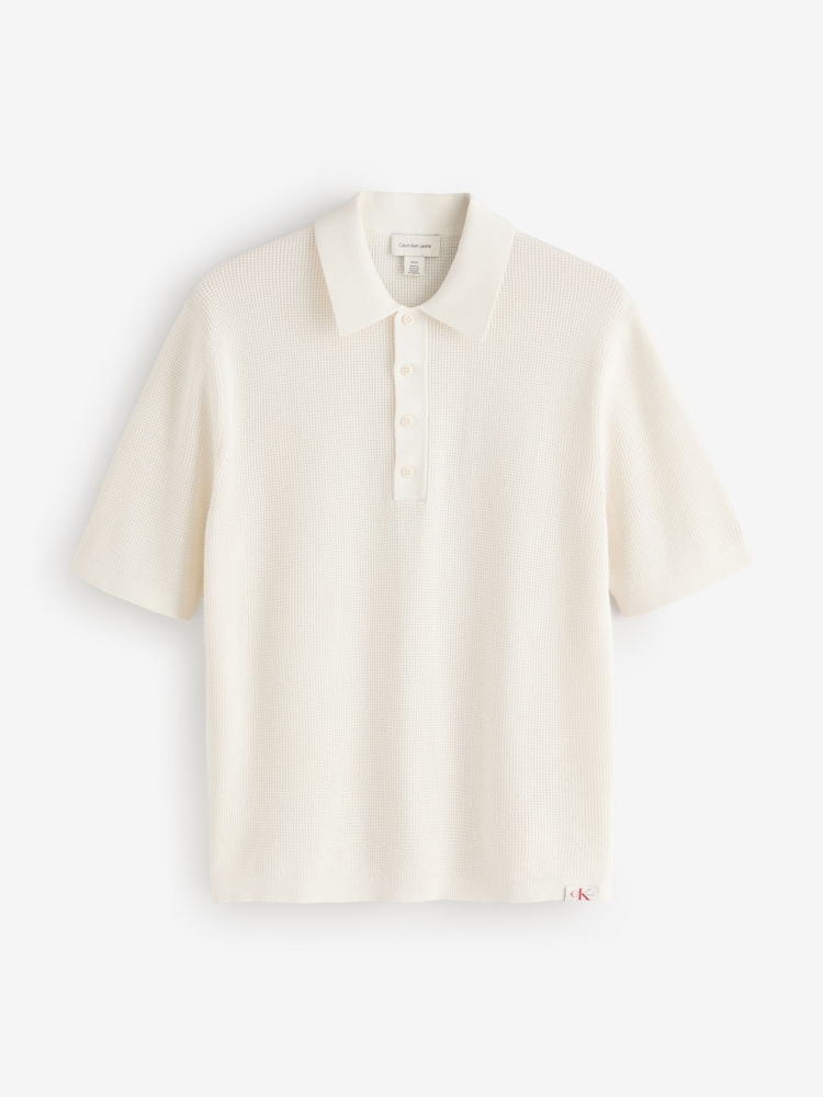 Calvin Klein Cream Cotton Waffle Knit Polo Shirt - Image 1 of 1 Calvin Klein Cream Cotton Waffle Knit Polo Shirt - Image 1 of 1
